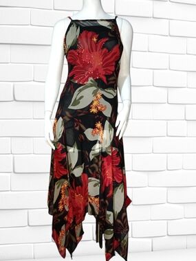 Raiment Fashions Black Floral Handkerchief Hem Slip Dress with Red Blooms